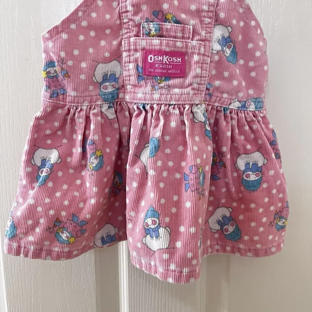 Vintage Oshkosh B'Gosh Pink Corduroy Snowman Overall Dress USA Girls 18 Months